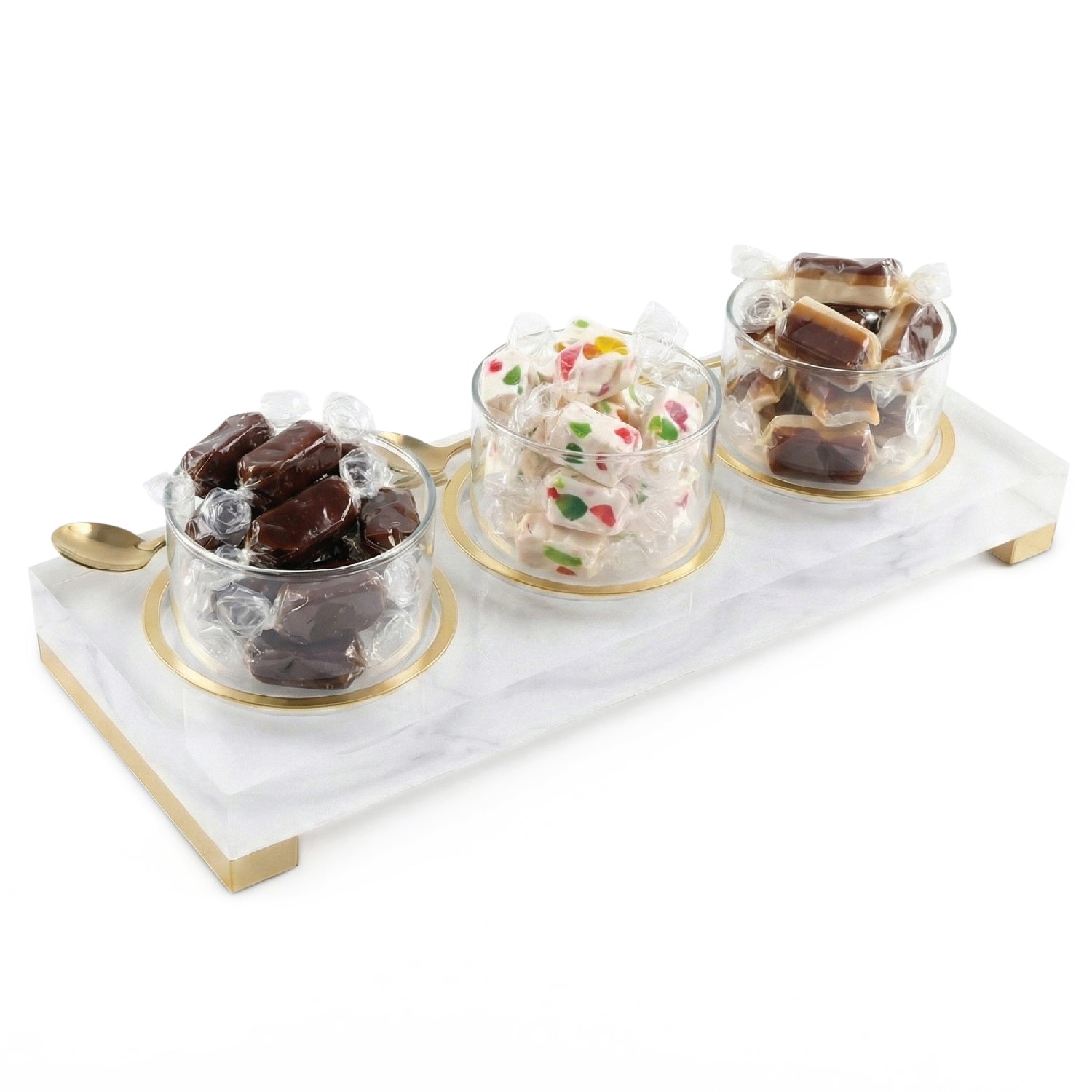 Mishloach Manos glass dip bowl arrangement — marble tray & gold spoons set | Judaica Square Lakewood