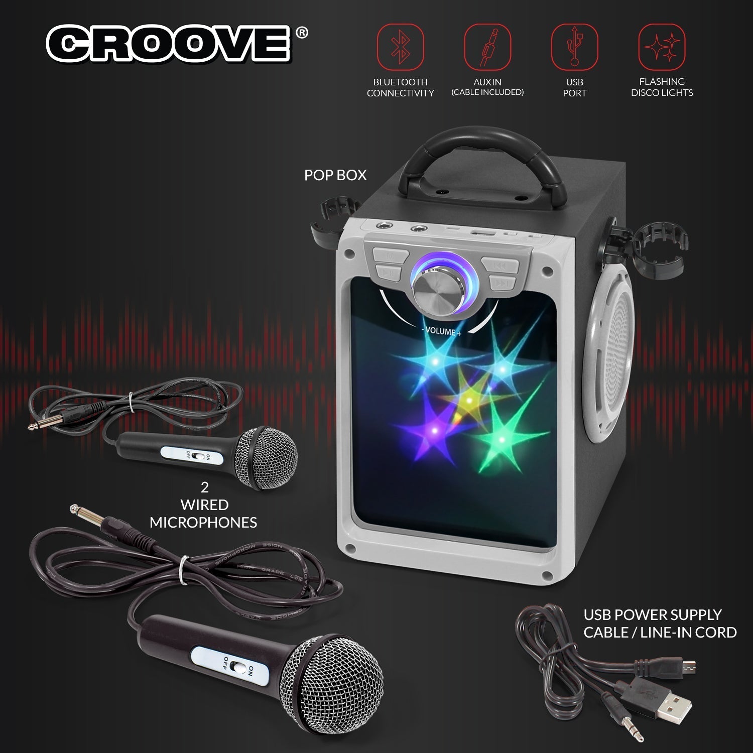 Croove Pop Box Kids Karaoke Machine, Black - 2 Mics & Disco Lights — product view, view 4 | Judaica Square Lakewood