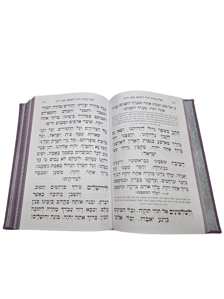 Open pages of the lavender Siddur and Tehillim set, lucite box, showing the Hebrew text layout