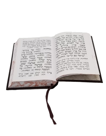 Open pages of the small Ashkenaz siddur, hardcover, showing the Hebrew text layout