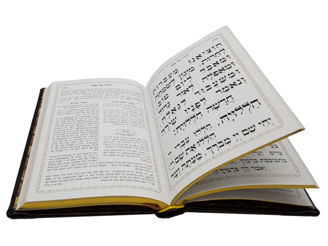 Open pages of the hebrew/Yiddish Haggadah, antique leather, showing the Hebrew text layout