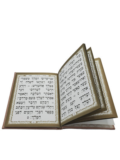 Open pages of the album-style Megillas Esther, 6.5 x 8.5, showing the Hebrew text layout