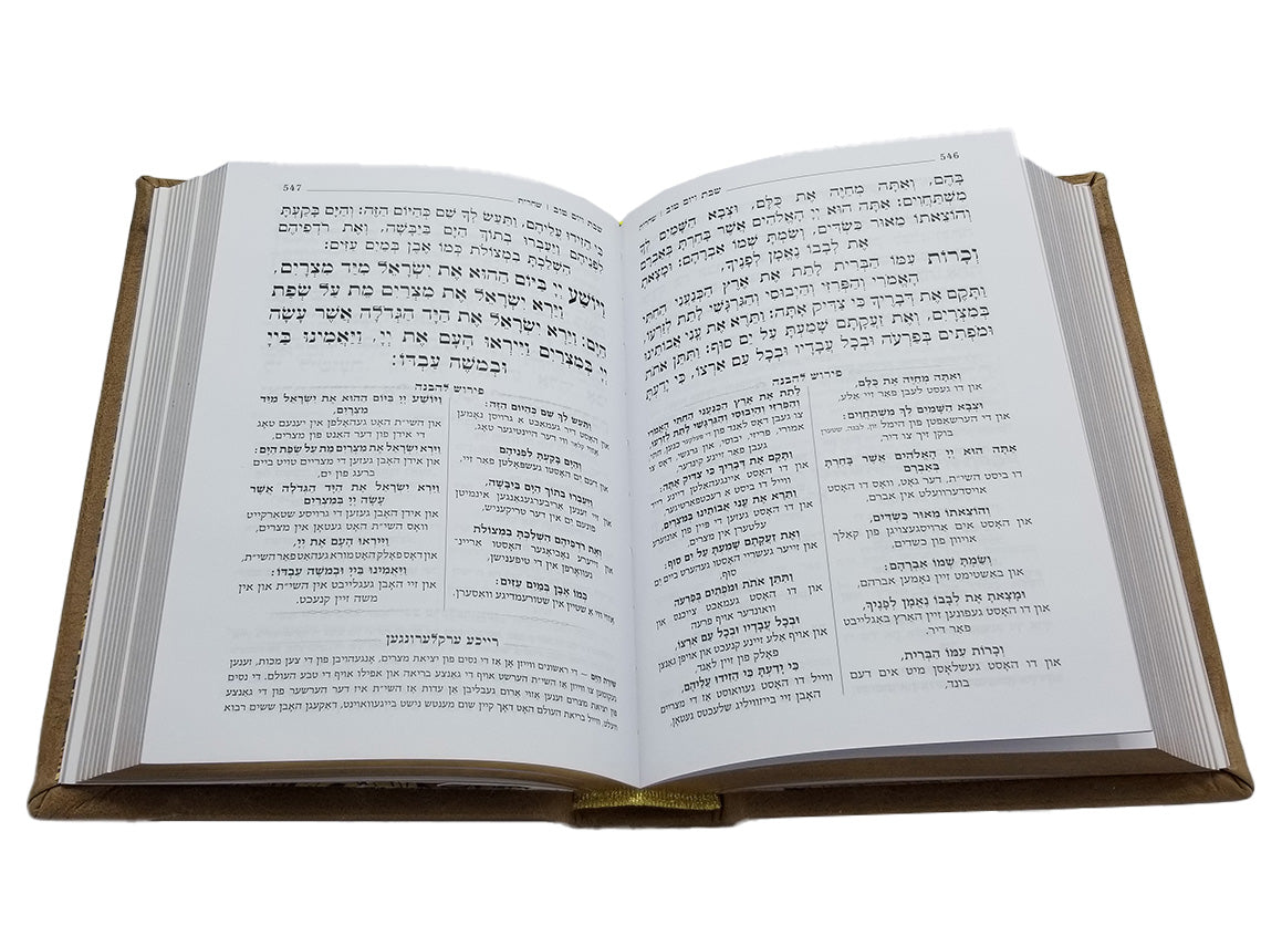 Open pages of the Korban Mincha siddur, medium, antique leather, showing the Hebrew text layout
