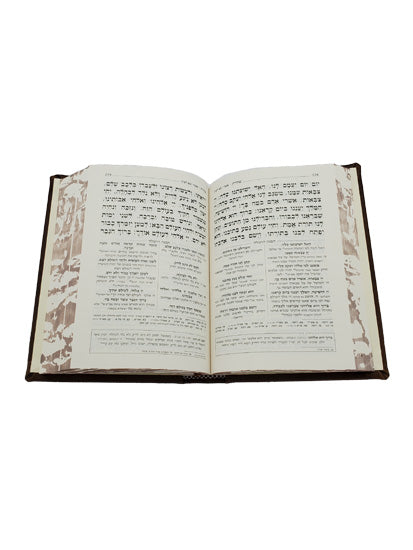 Open pages of the Behavanah weekday siddur, medium, cinnamon, showing the Hebrew text layout