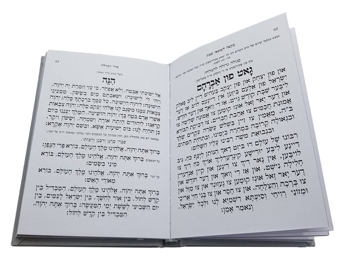 Open pages of the six zemiros in a lucite holder, showing the Hebrew text layout