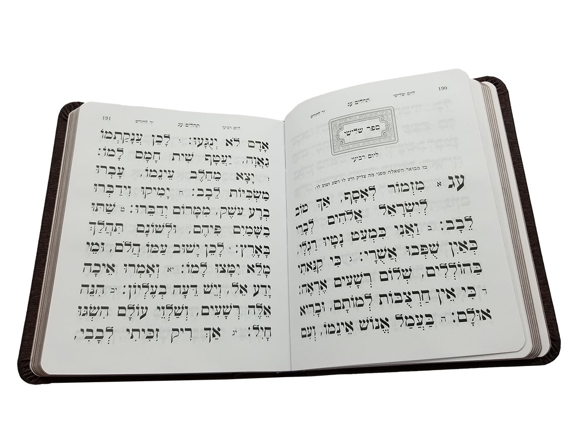 Open pages of the album Tehillim, burgundy flexi cover, showing the Hebrew text layout
