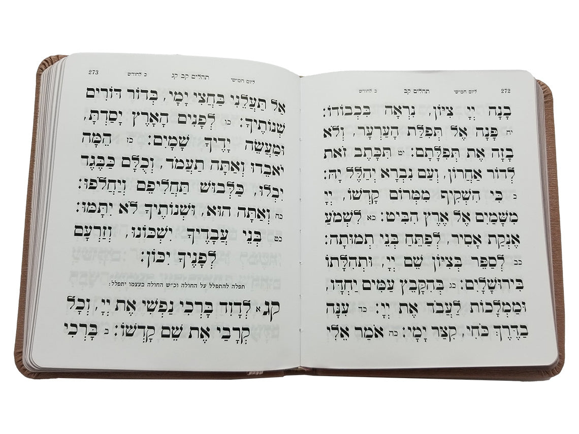 Open pages of the album-size Tehillim, mauve pink flexi, showing the Hebrew text layout