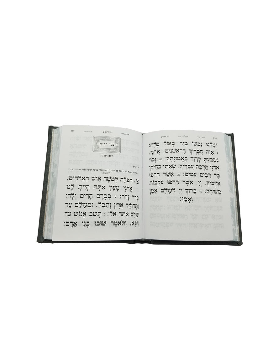 Open pages of the album Tehillim Tefillos Ubakushos, hardcover, showing the Hebrew text layout
