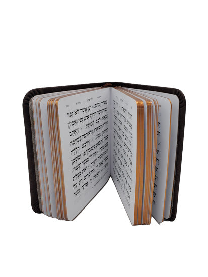 Open pages of the extra-small Tehillim, mauve flexi cover, showing the Hebrew text layout