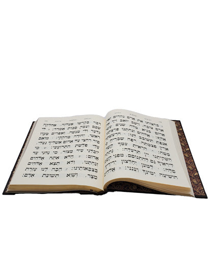 Open pages of the extra-large Tehillim, brown hardcover, showing the Hebrew text layout