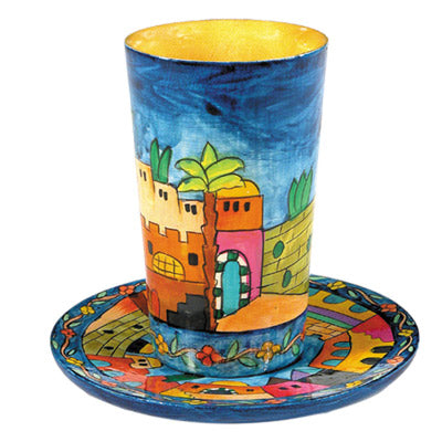 Jerusalem Colorful Wooden Kiddush Cup and Plate