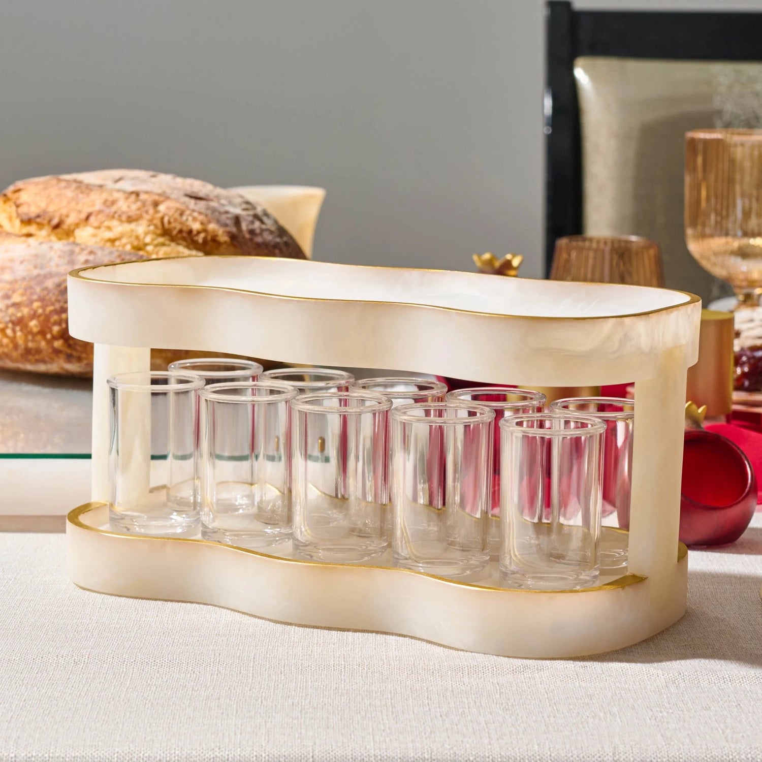 Resin Curved Kiddush Cup Fountain — resin frame holding ten acrylic kiddush cups | Judaica Square Lakewood
