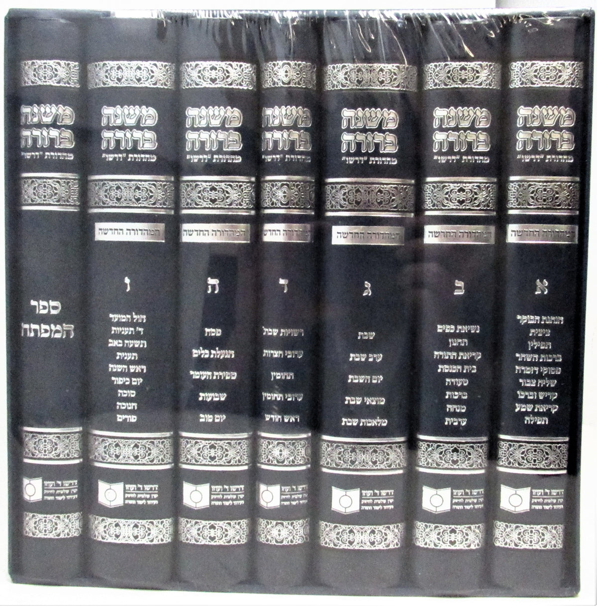 Dirshu Mishnah Berurah seven-volume set pictured with the Mafteach index volume