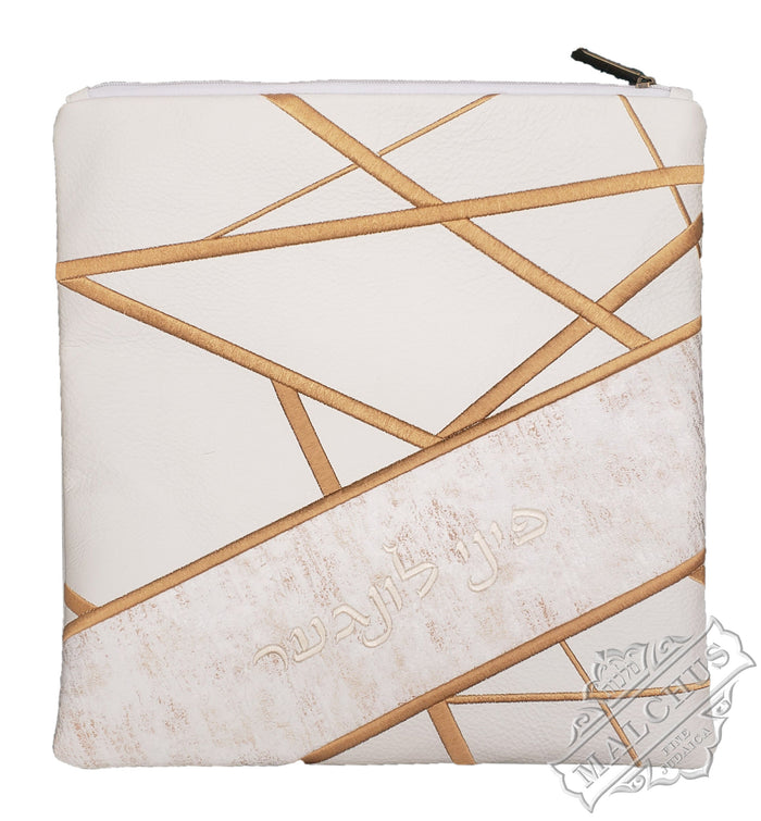 White leather custom tallis and tefillin bag design 1256 | Judaica Square Lakewood