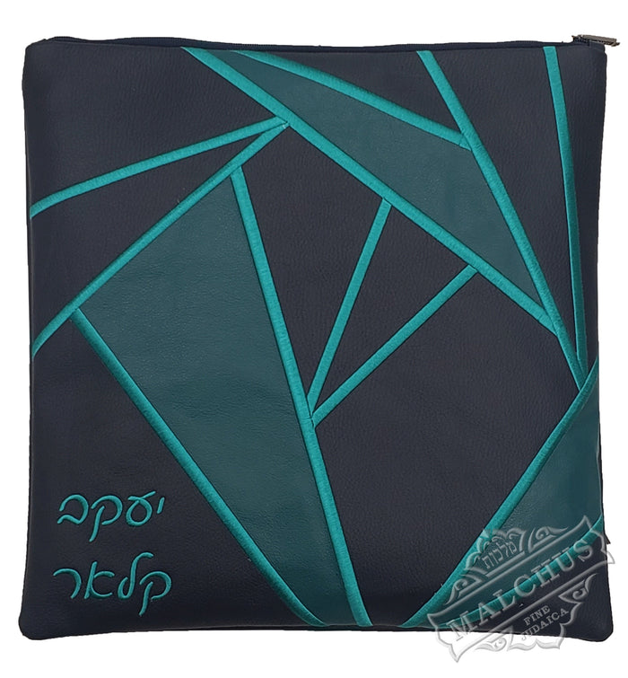 Black leather tallis bag with green embroidery design 1257 | Judaica Square Lakewood