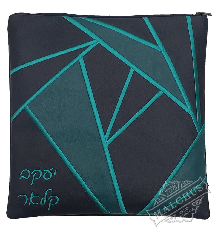 Black leather tallis bag with green embroidery design 1257 | Judaica Square Lakewood
