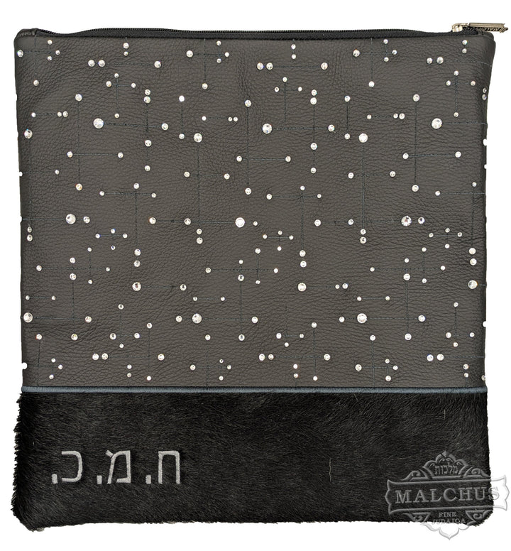 Dark grey leather tallis and tefillin bag with Swarovski crystals, design 1526 | Judaica Square Lakewood