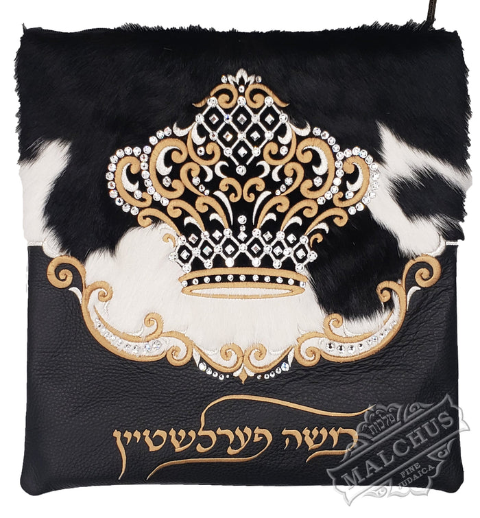 Black leather tallis and tefillin bag with two-tone fur, design #4009 | Judaica Square Lakewood