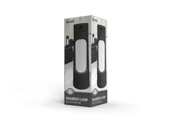 Black Shabbos Lamp packaging showing a matte black lamp with a glowing white window