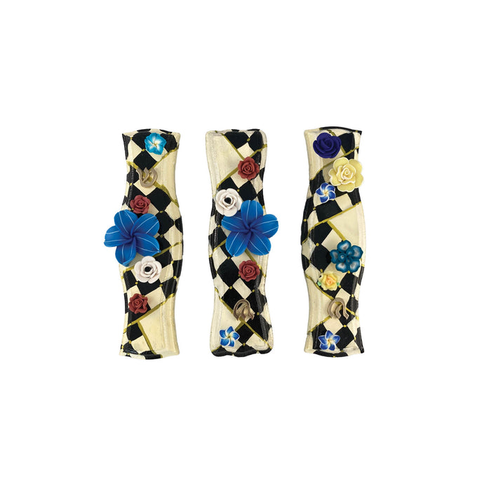Hourglass mezuzah case — hand-painted wood in checks and flowers with curved waist | Judaica Square Lakewood