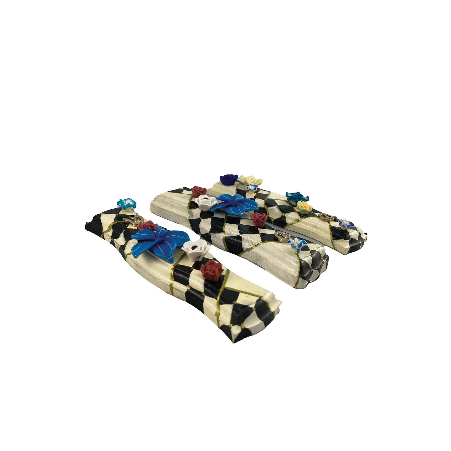 Hourglass mezuzah case — hand-painted wood in checks and flowers with curved waist | Judaica Square Lakewood (view 4)