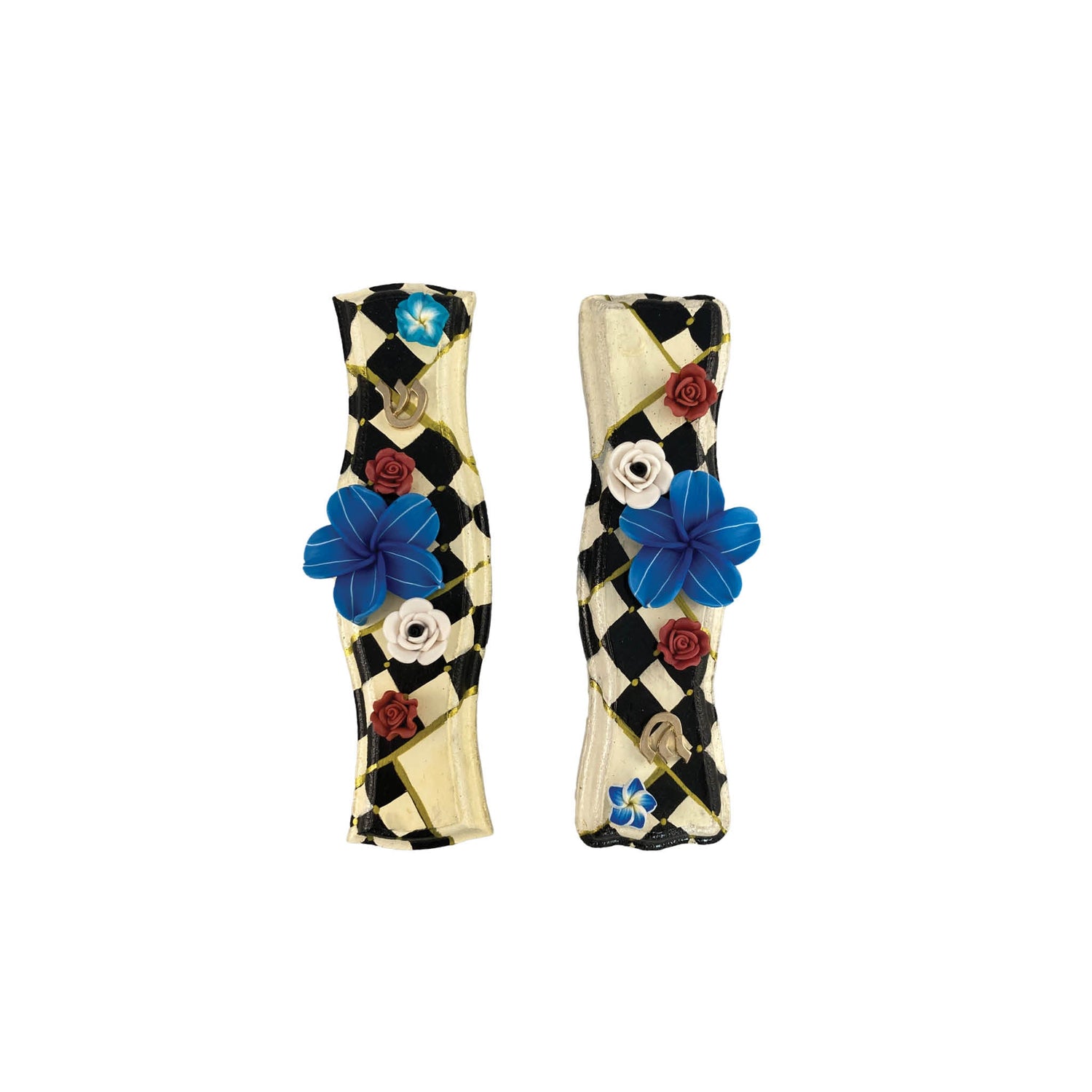 Hourglass mezuzah case — hand-painted wood in checks and flowers with curved waist | Judaica Square Lakewood (view 2)