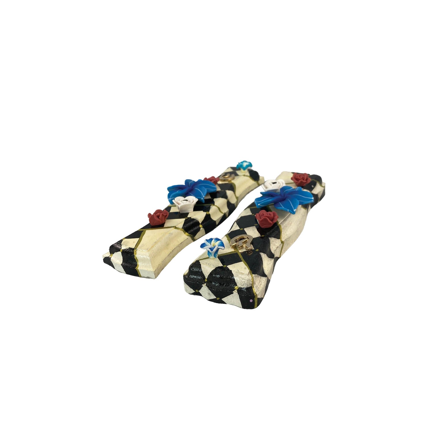 Hourglass mezuzah case — hand-painted wood in checks and flowers with curved waist | Judaica Square Lakewood (view 5)