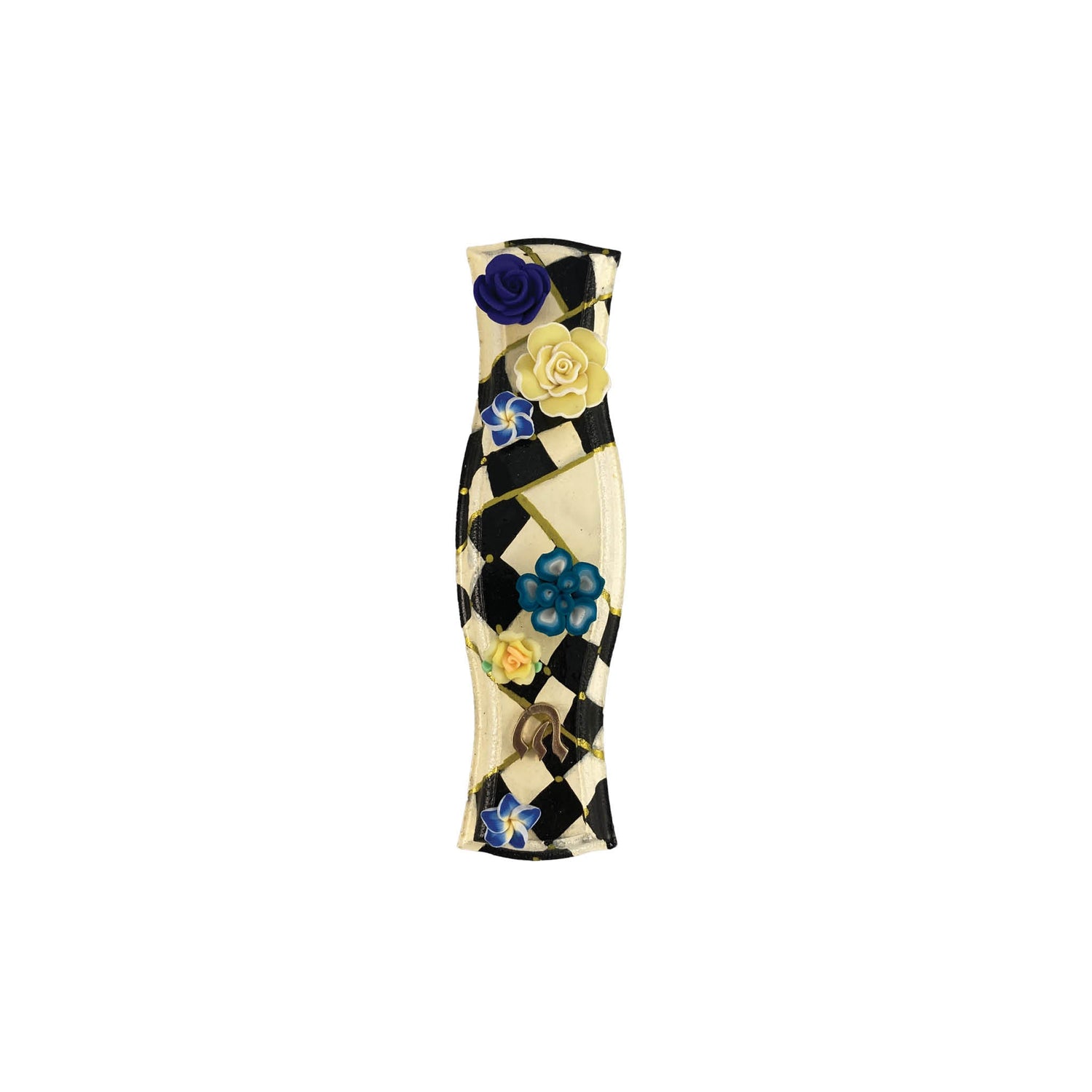 Hourglass mezuzah case — hand-painted wood in checks and flowers with curved waist | Judaica Square Lakewood (view 3)