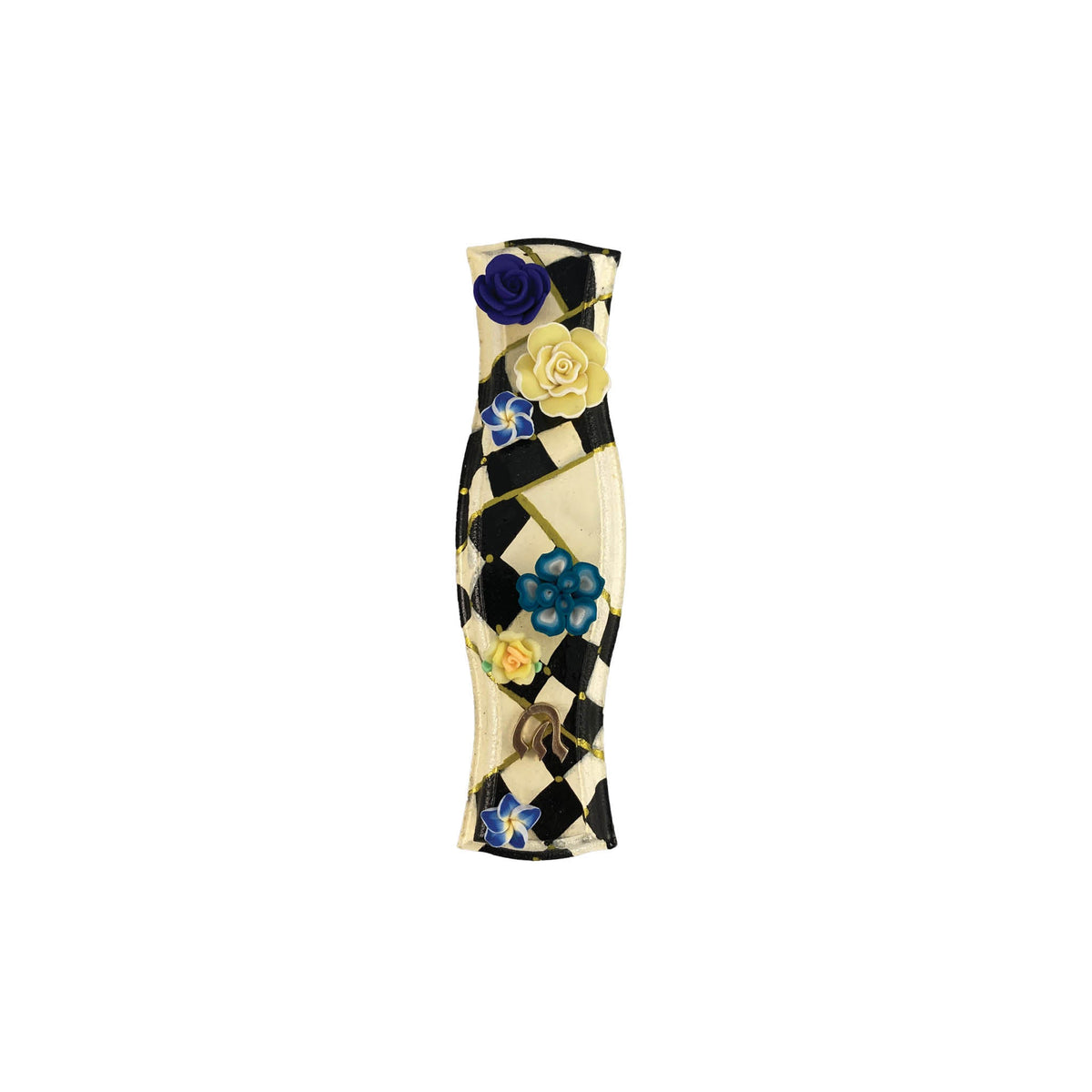 Hourglass mezuzah case — hand-painted wood in checks and flowers with curved waist | Judaica Square Lakewood (view 3)