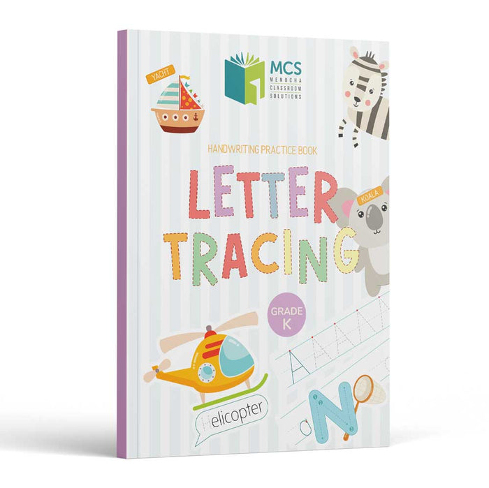 Letter Tracing Grade K Handwriting Practice Book front cover — dotted letters to trace with a labelled yacht, zebra, koala and helicopter