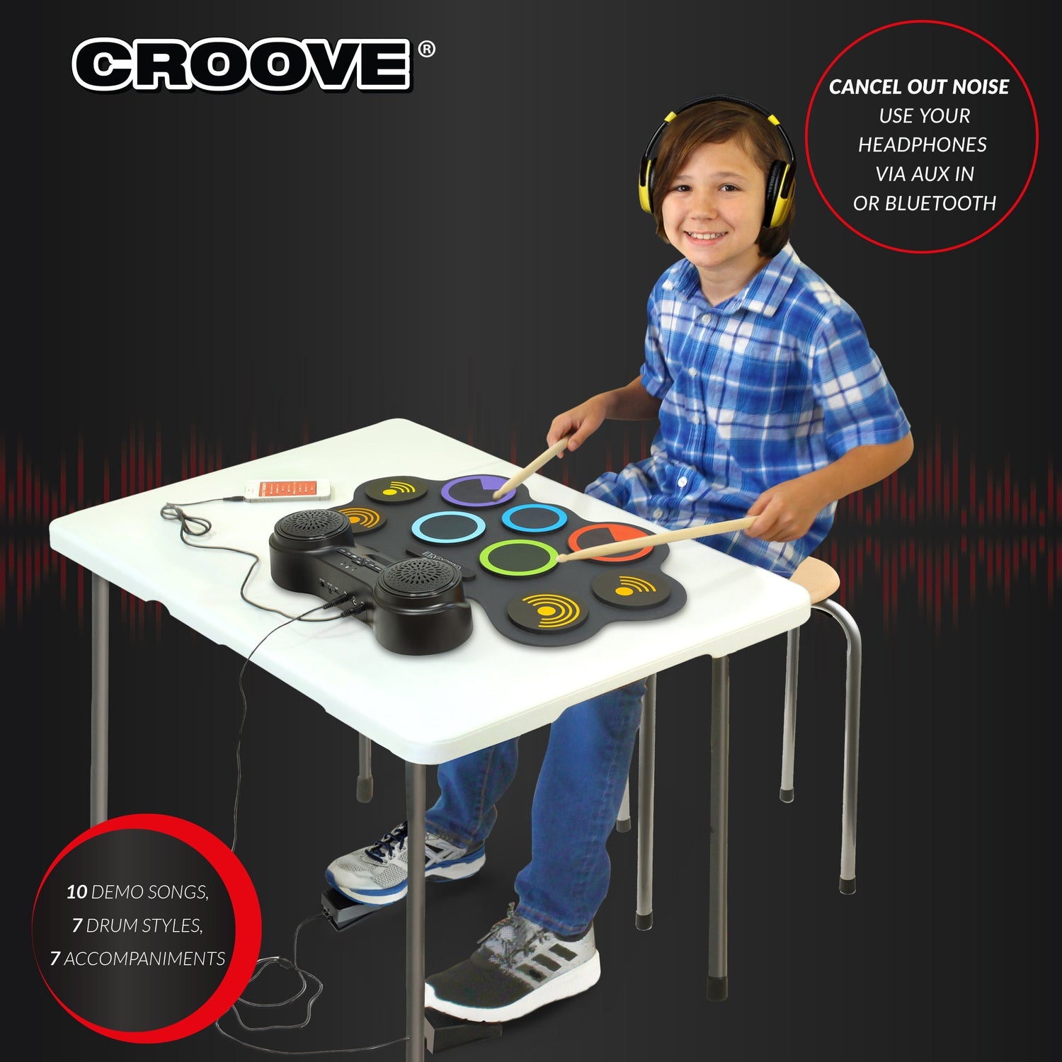 Croove Electronic Drum Set - 9 Pads, 2 Pedals, Rechargeable Kids Drums — 9-pad, view 2 | Judaica Square Lakewood
