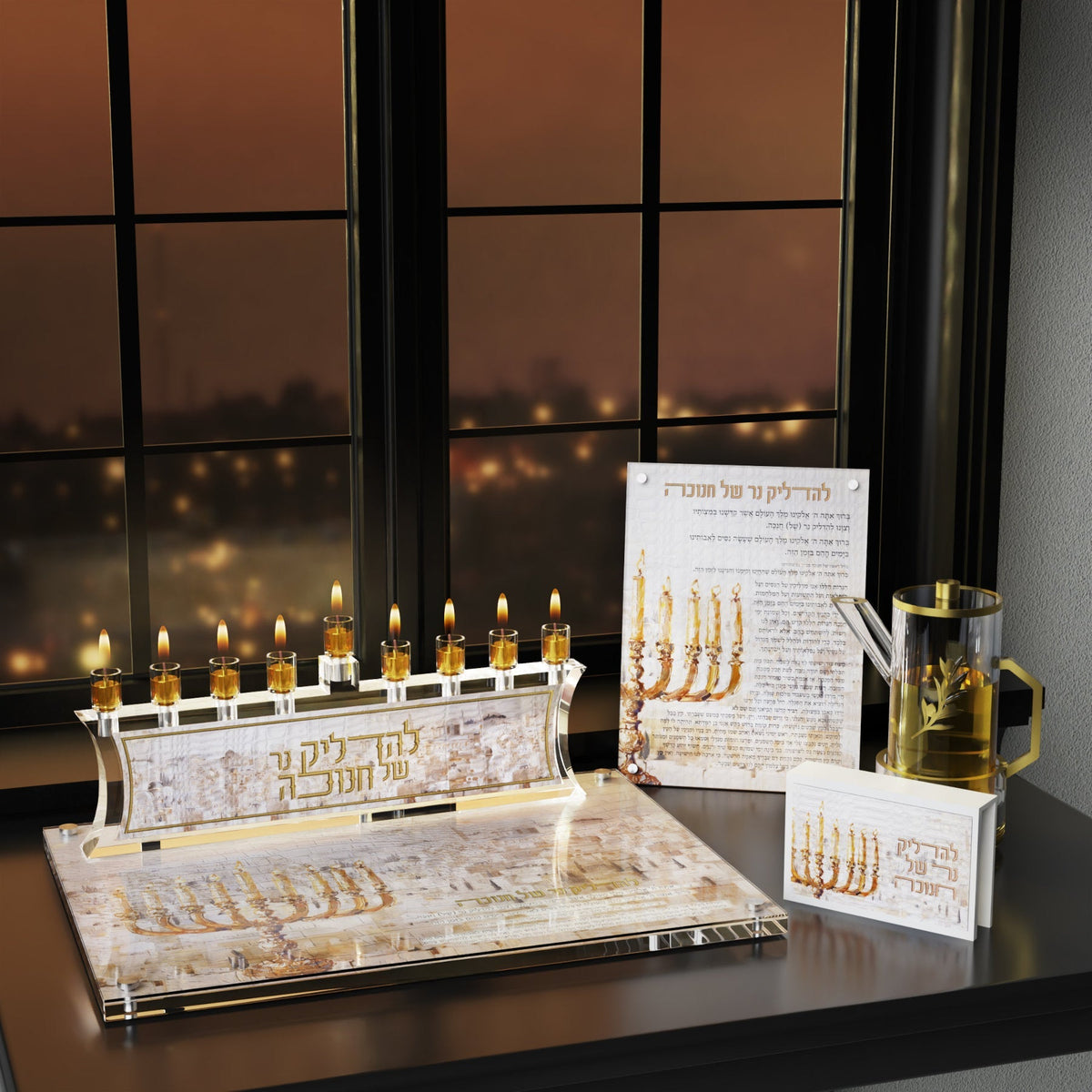 Chanukah Oil Jug v.2 — Menorah — styled in use on a set table