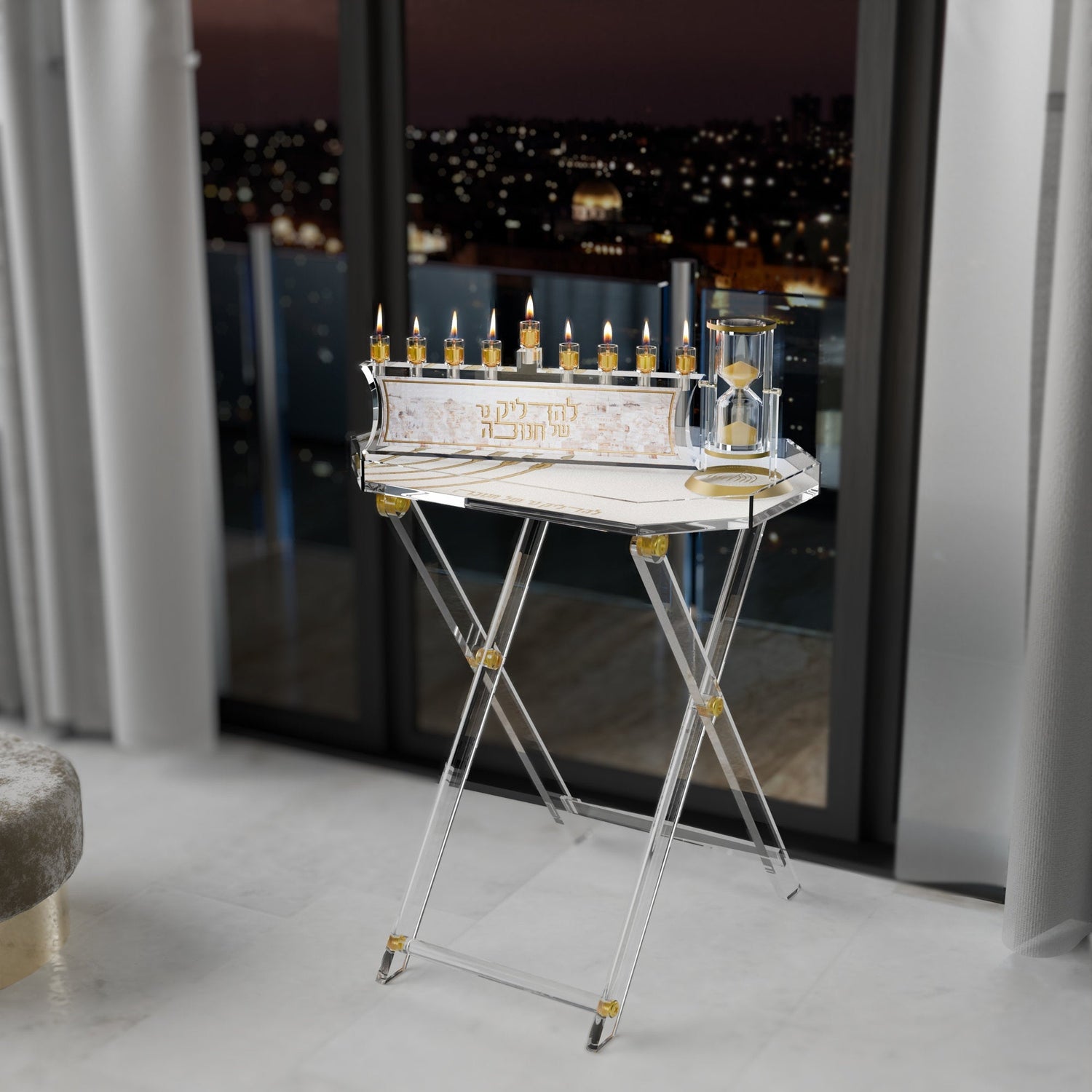 Artwork Leatherite Menorah - Jerusalem Fire — Chanukah — styled in use on a set table