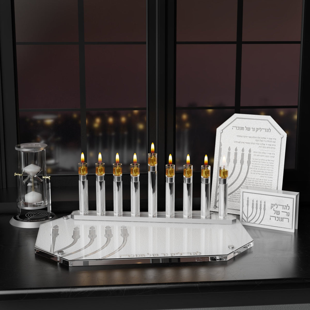 Tube Menorah — Chanukah — styled in use on a set table