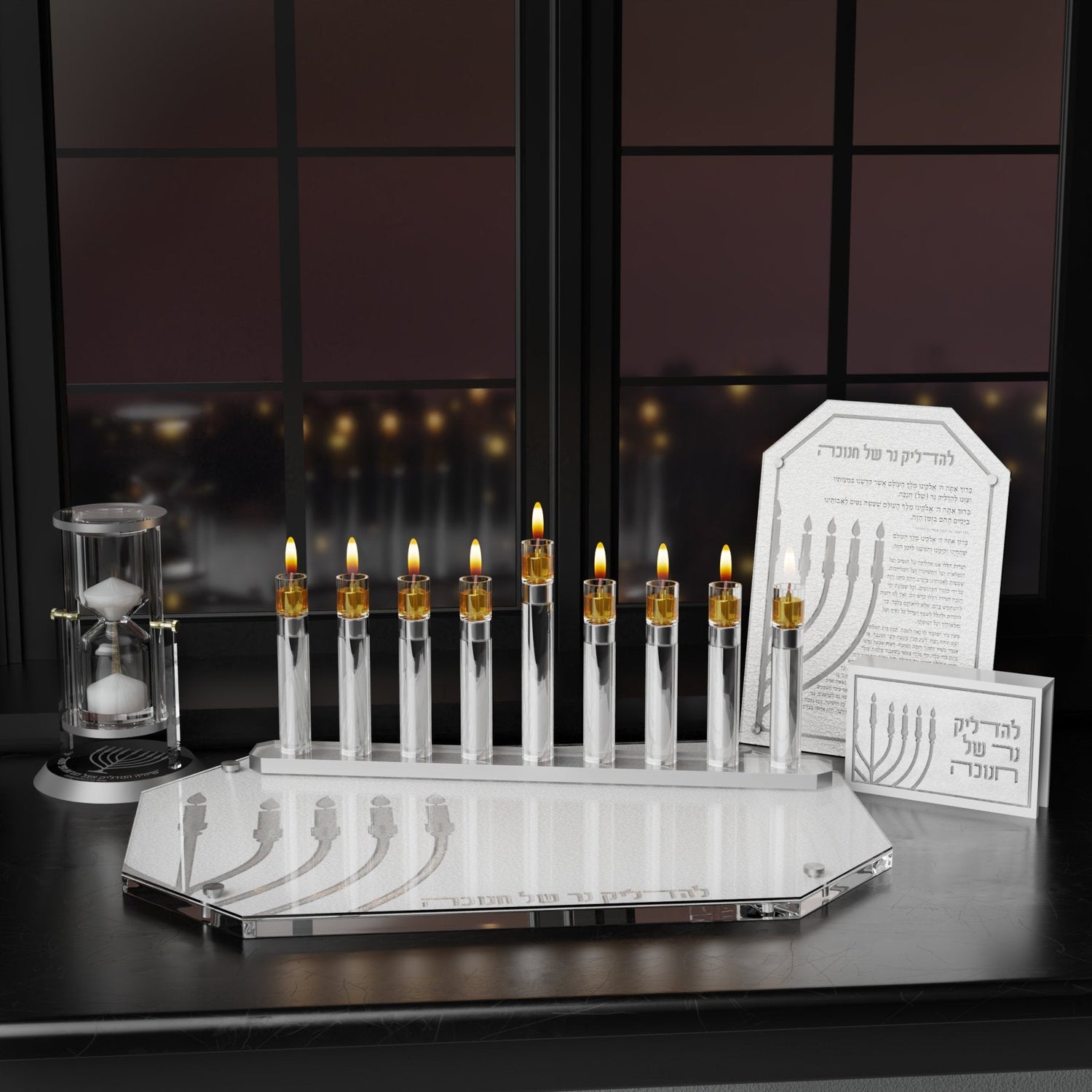 Leatherite Chanukah Tray v2 — styled in use on a set table