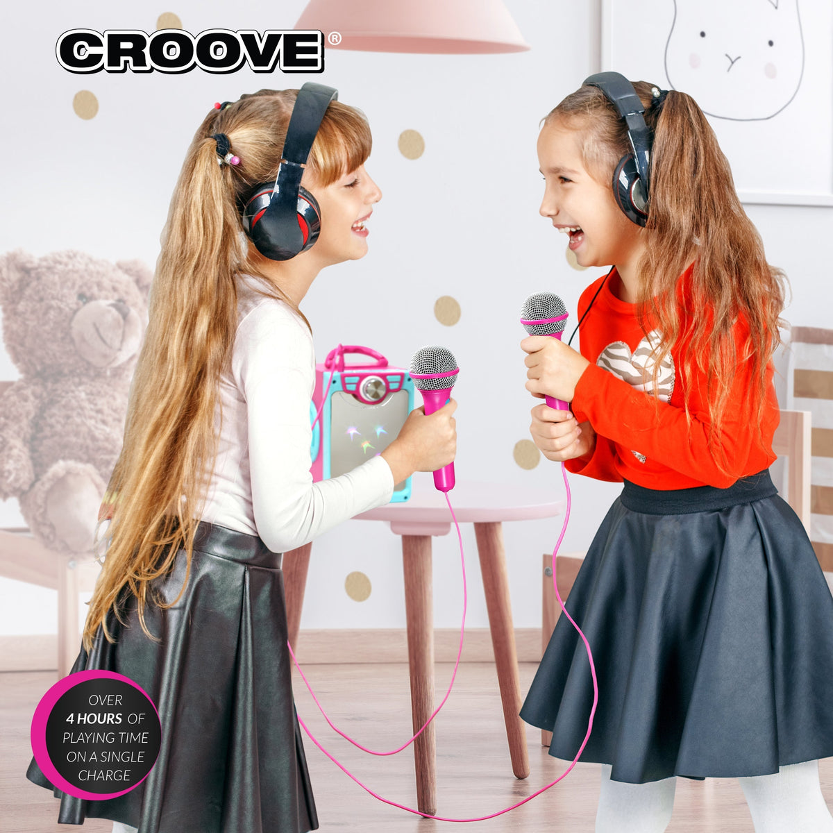 Croove Pop Box Kids Karaoke Machine, Pink - 2 Mics & Disco Lights — product view, view 6 | Judaica Square Lakewood