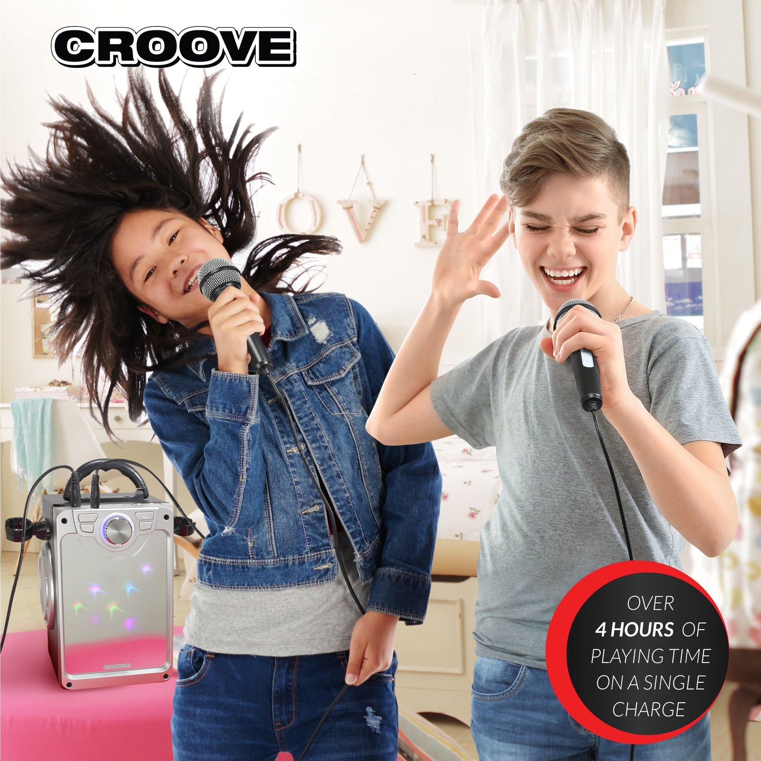 Croove Pop Box Kids Karaoke Machine, Black - 2 Mics & Disco Lights — product view, view 3 | Judaica Square Lakewood