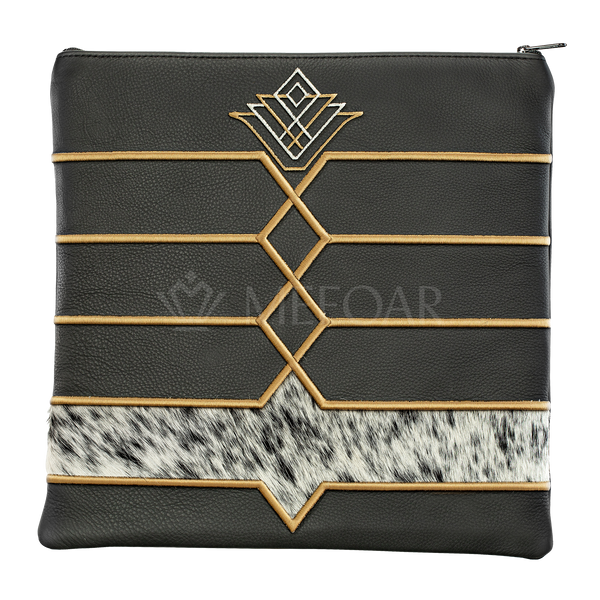 Design 514 leather tallis and tefillin bag with black-and-white fur