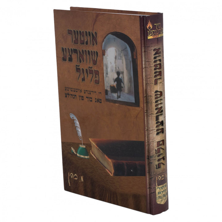 Unter Shvartze Fligel cover with a boy seen through an arched window beside a quill and old book