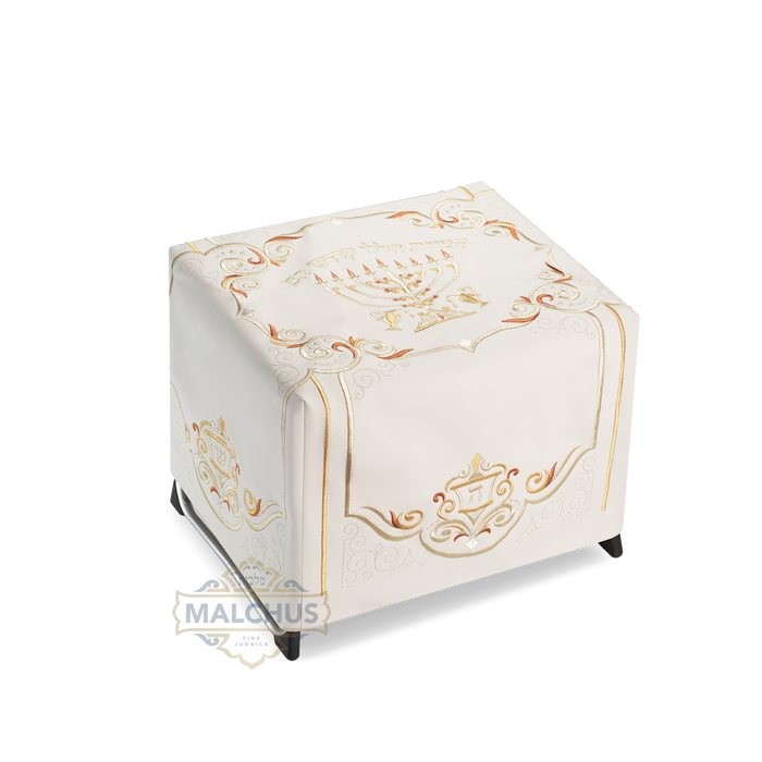 Fitted white leather menorah table cover #501 | Judaica Square Lakewood