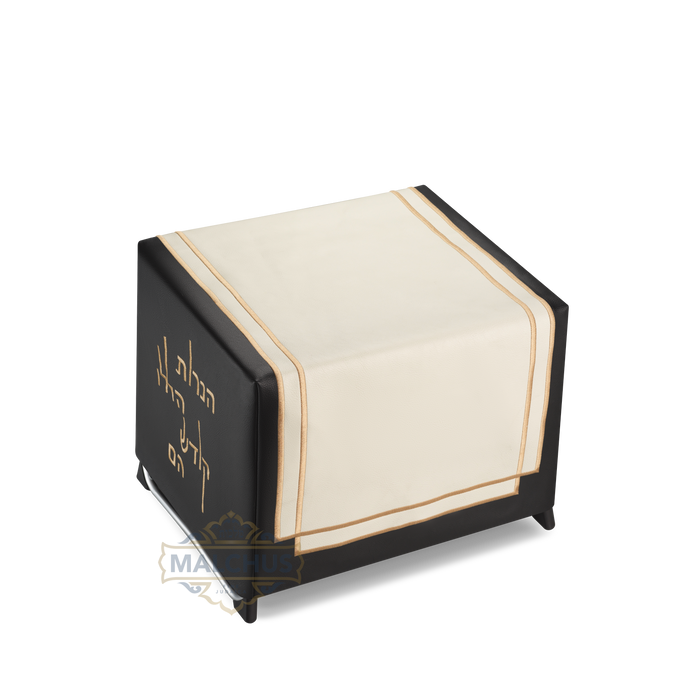 Fitted black leather menorah table cover with gold embroidery #502 | Judaica Square Lakewood