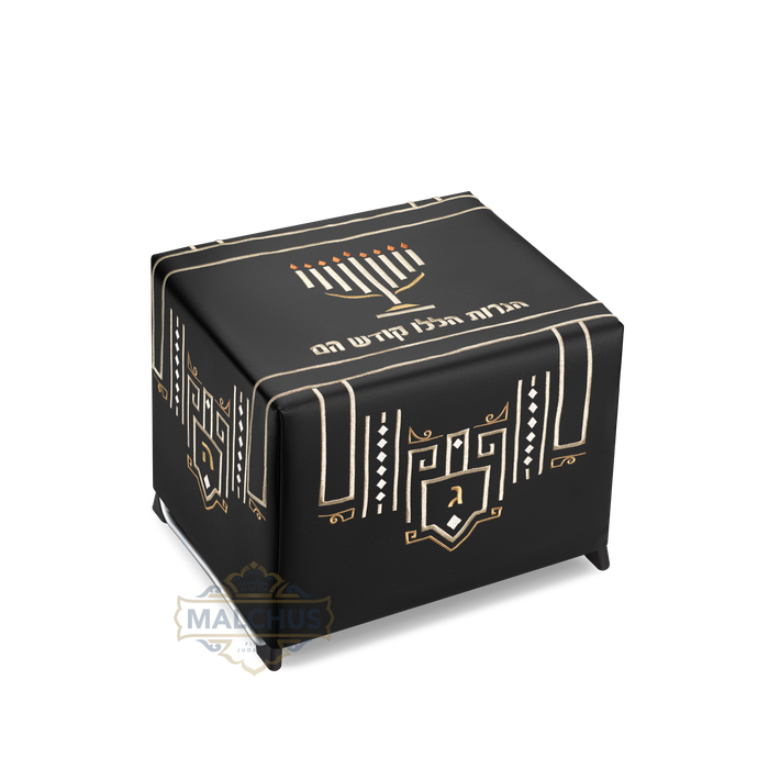 Fitted black leather menorah table cover, design #503 | Judaica Square Lakewood