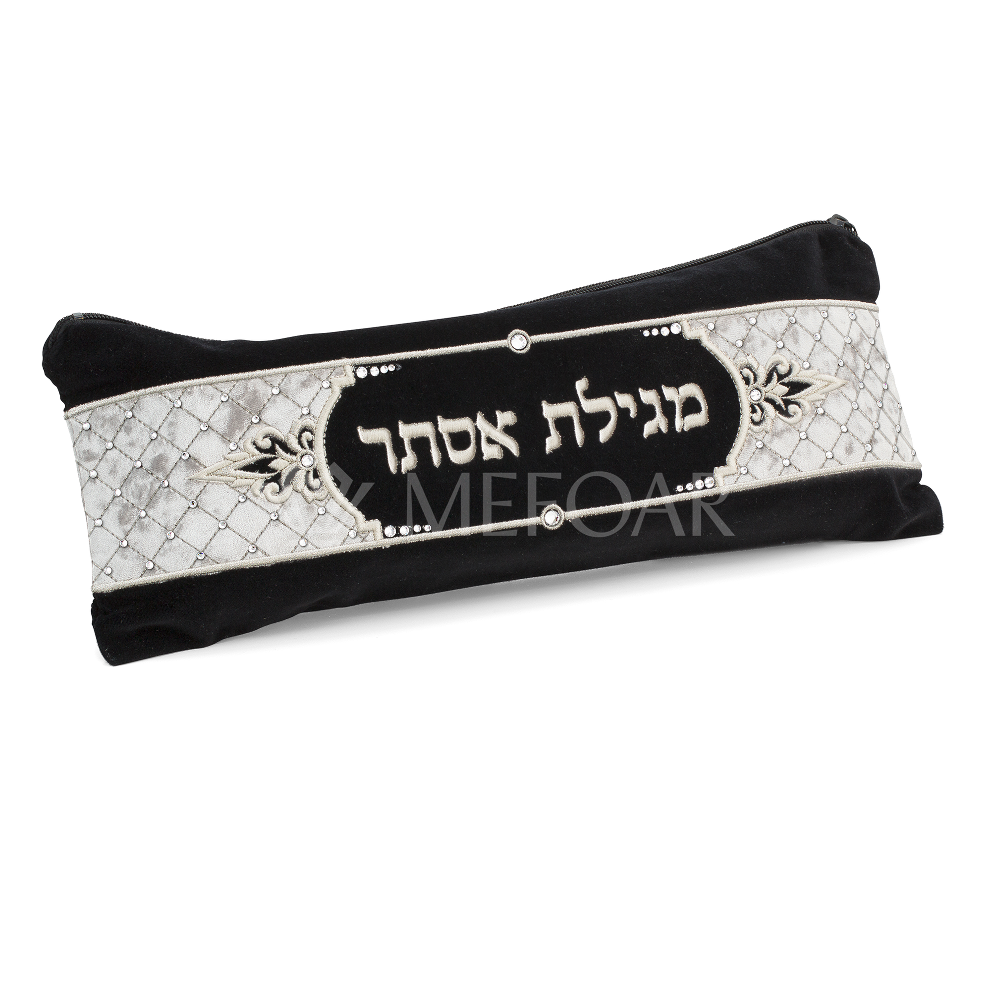 Megilla Pouch- Velvet, Black with White Quilting ,Embroidered,310 - Megillah Cases