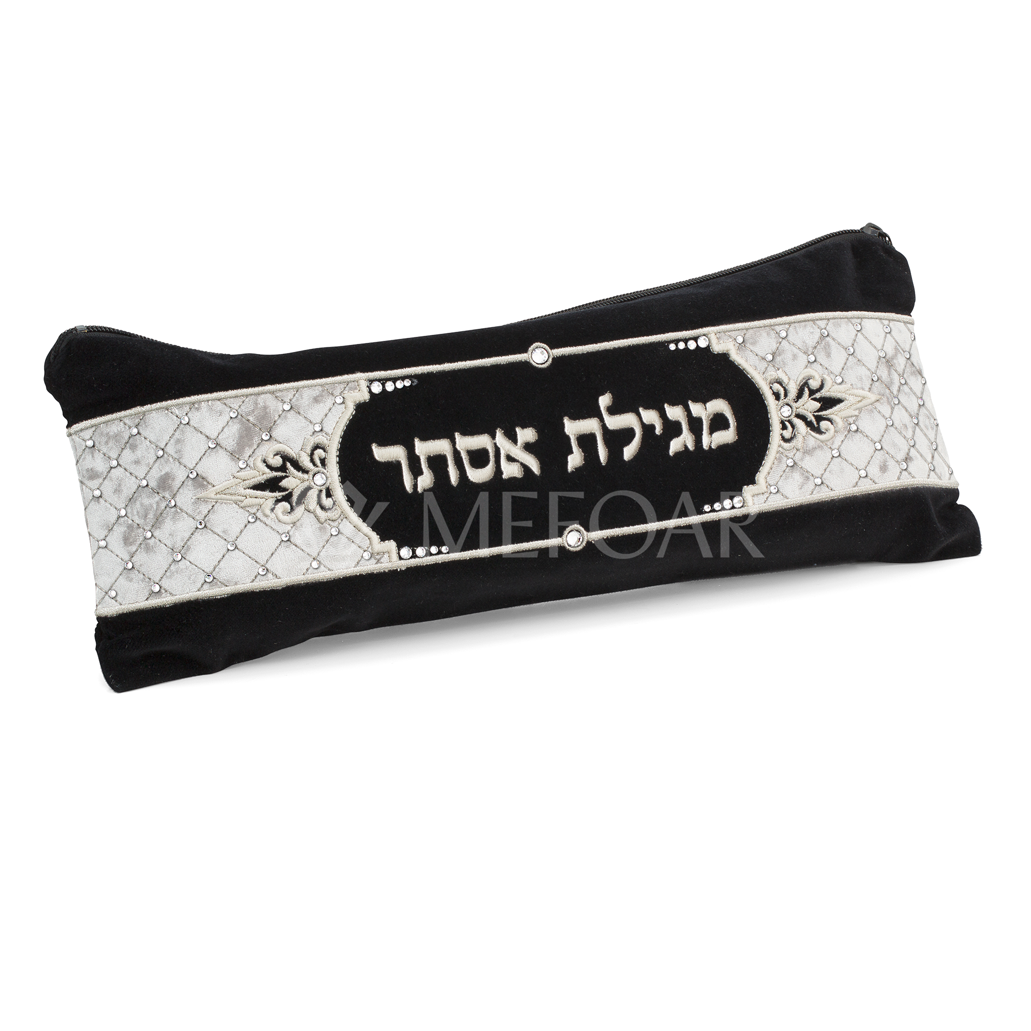 Megilla Pouch- Velvet, Black with White Quilting ,Embroidered,310 - Megillah Cases