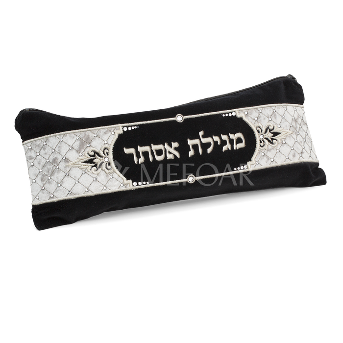 Megilla Pouch- Velvet, Black with White Quilting ,Embroidered,310 - Megillah Cases