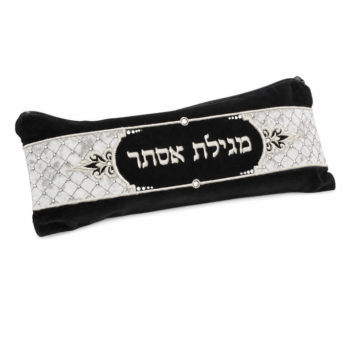 Megilla Pouch- Velvet, Black with White Quilting ,Embroidered,310 - Megillah Cases