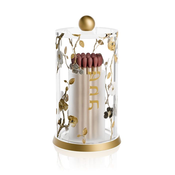 Ornate Garden Match Holder — Shabbos — clear lucite match cylinder with gold base and ball-top lid | Judaica Square Lakewood