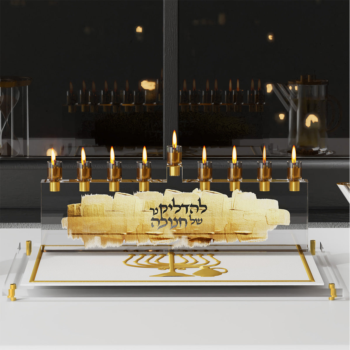 Gold Stone Menorah — Chanukah — styled in use on a set table