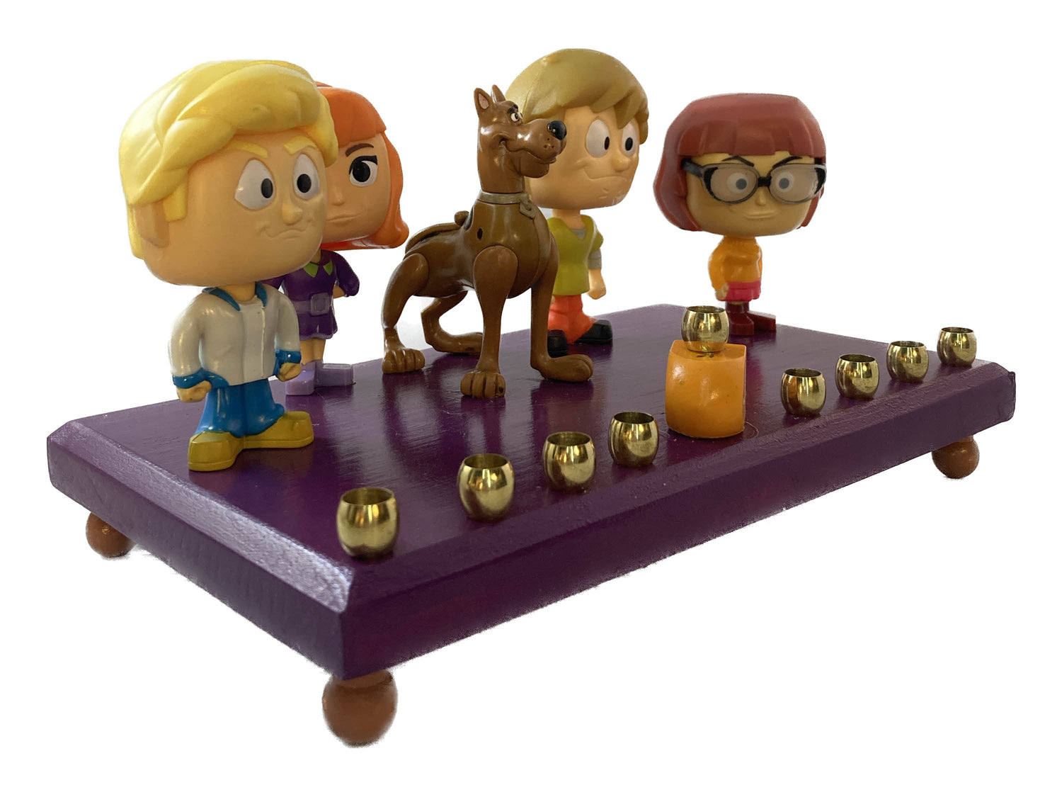 Scooby-Doo Menorah — bobblehead figures on painted wood base with brass cups | Judaica Square Lakewood (view 3)