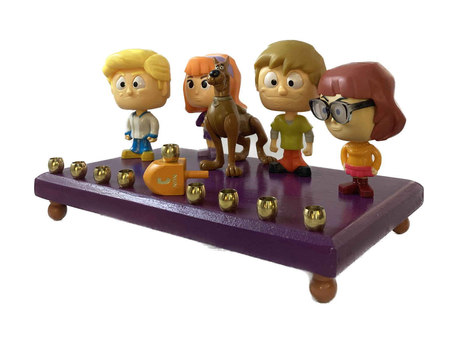 Scooby-Doo Menorah — bobblehead figures on painted wood base with brass cups | Judaica Square Lakewood (view 2)